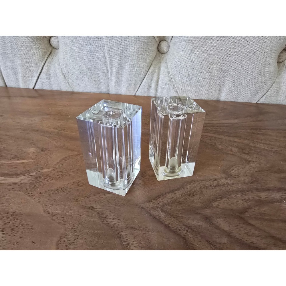Pair of Heavy Clear Crystal Glass Salt & Pepper Shakers Cube Design